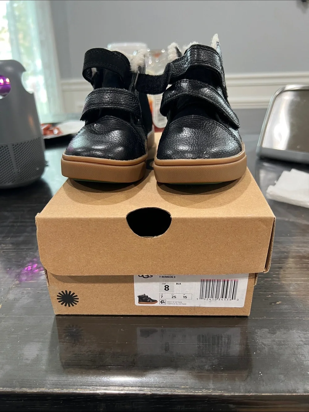 UGG Kids Black Leather Hook-and-Loop Winter Boots with Faux Fur Trim